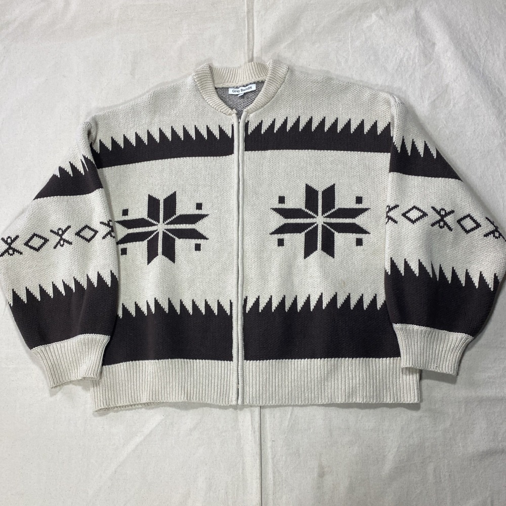 Grey Bandit ivory and Brown chunky Full Zip Aztec Snowflake sweater Fair Isle
